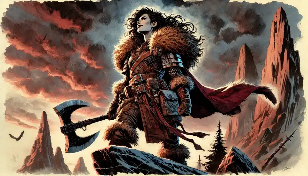 A fierce female warrior in fur and armor stands on a rocky peak at sunset, holding a large axe. Her red cape billows in the wind, with dramatic clouds and mountains in the background.