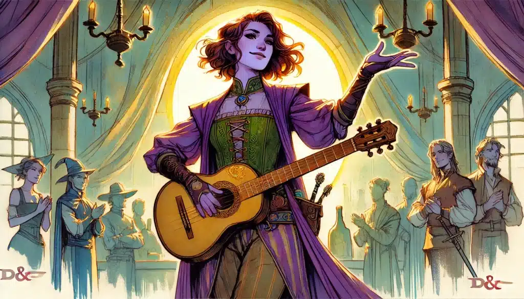 A confident bard in elaborate purple and green clothing plays a guitar and sings in a grand, candlelit hall, with an appreciative audience and stained-glass windows in the background. Dungeons & Dragons (D&D) art style.