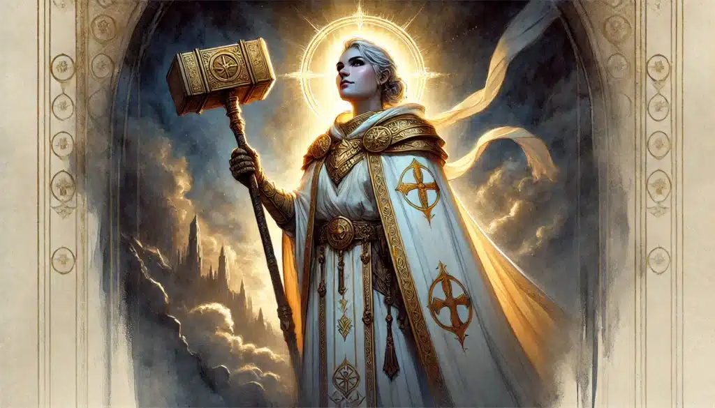 A regal woman in ornate white and gold robes holds a large hammer. She is bathed in golden light, with a glowing halo behind her head, standing before a cloudy sky and gothic castle.