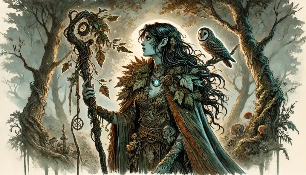 A fantasy elf druid stands in an enchanted forest, holding a staff wrapped in vines. She wears leafy, nature-inspired clothing and a glowing amulet, with an owl perched on her shoulder. Mystical light filters through the trees.