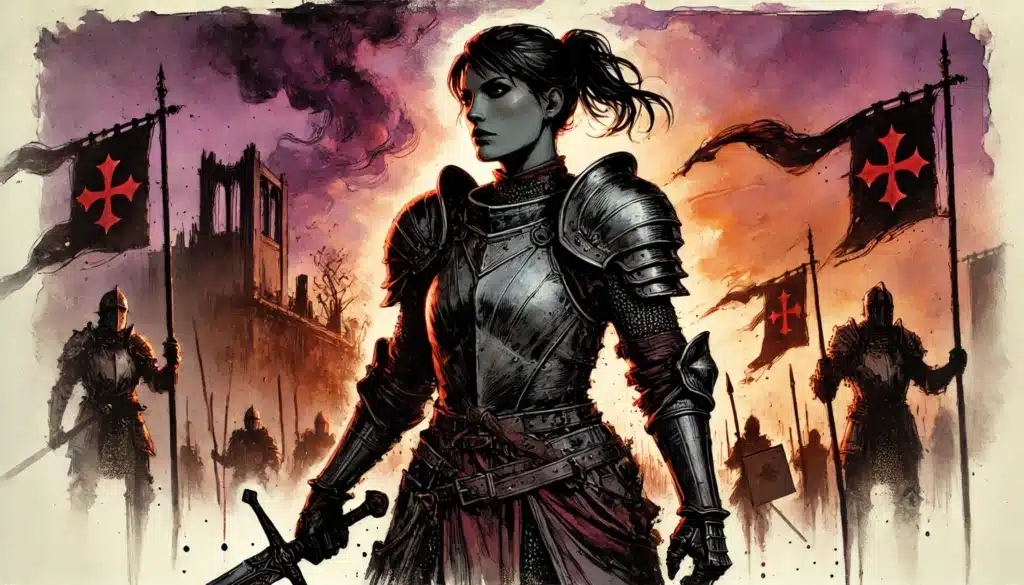 A woman in medieval armor stands holding a sword, with a ruined castle and knights carrying red-cross flags in the background against a dramatic, fiery sky.