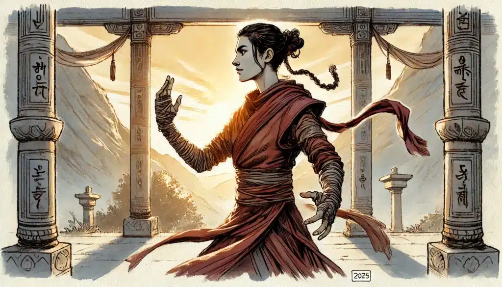A person in traditional martial arts clothing practices a form in an ancient stone pavilion at sunset, surrounded by mountains and columns carved with intricate symbols—like a scene from a D&D 2025 class guide.