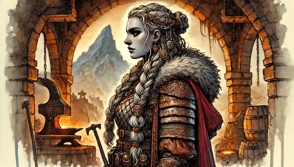 A woman in detailed medieval armor with braided hair stands in a stone forge, axes at her side, a mountain visible through an archway behind her, surrounded by barrels and glowing embers.