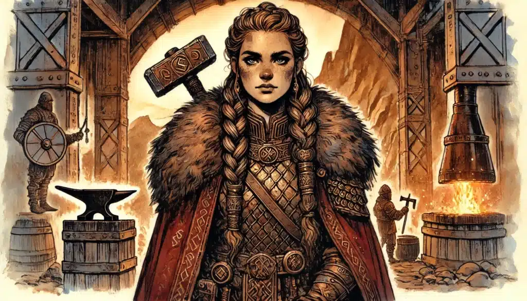 A fierce female Viking warrior with braided hair and fur-trimmed cloak stands in a blacksmith’s forge, gripping a large hammer. Flames, anvils, and workers crafting weapons are visible in the background.