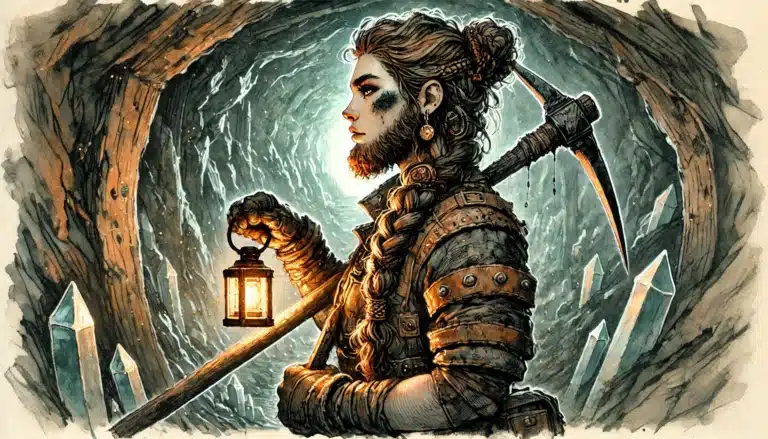 A determined woman with braided hair, armored clothing, and a pickaxe over her shoulder holds a lantern while standing in a crystal-lined cave. The scene is depicted in a detailed, fantasy art style.
