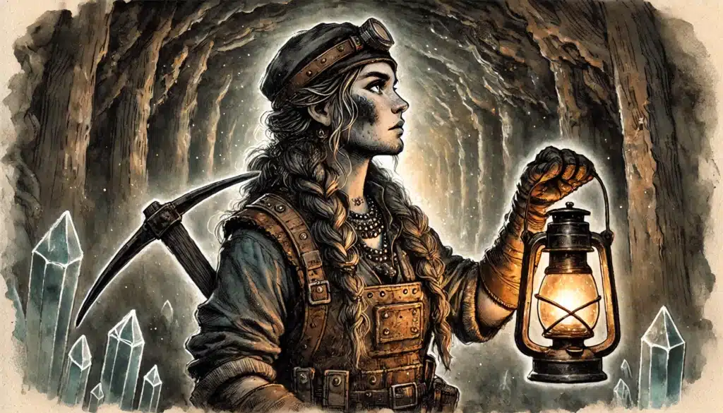 A woman with braided hair, wearing mining gear and gloves, holds a lit lantern in one hand and a pickaxe on her shoulder. She stands in an underground tunnel surrounded by glowing crystals.