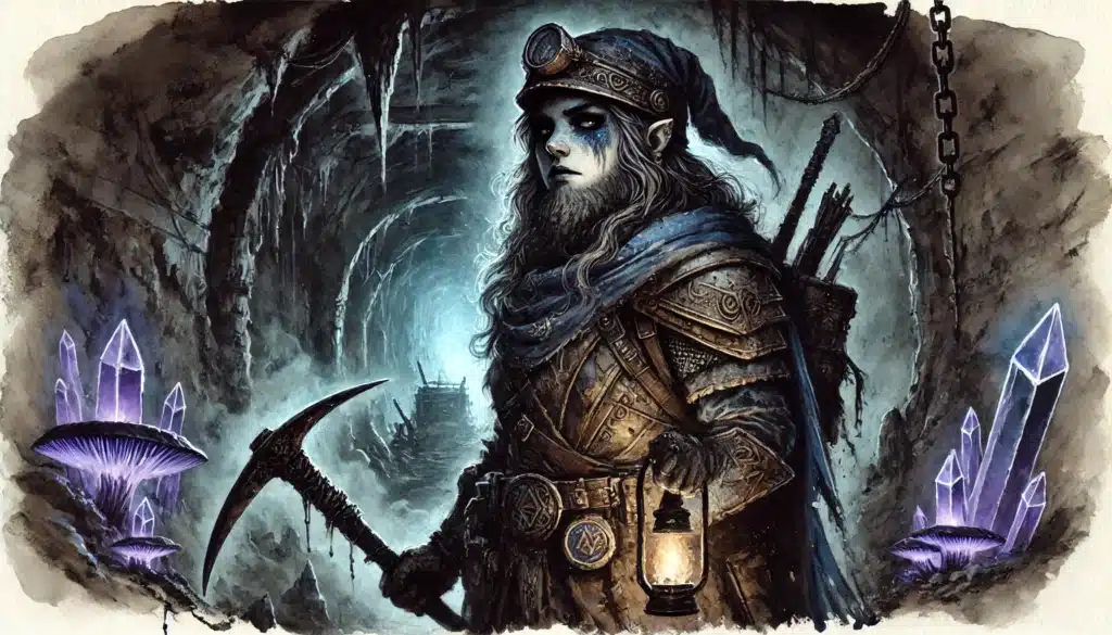 A fantasy dwarf miner with pointed ears, wearing a metal helmet and armor, holds a lantern and pickaxe in an underground cavern lit by glowing purple crystals and mushrooms. A minecart track disappears into the tunnel behind.