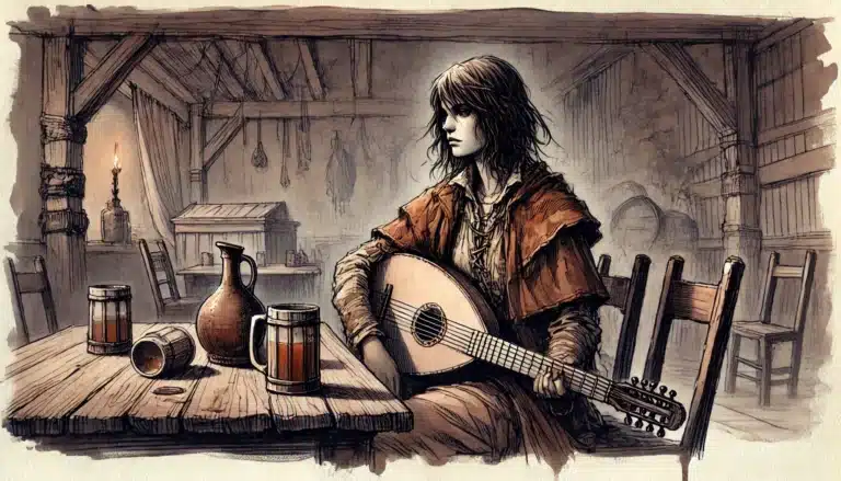 A woman in medieval-style clothing sits at a wooden table in a rustic tavern, holding a lute—perfect inspiration for D&D campaigns or homebrew bard mechanics. Several mugs and a jug are on the table, lit by a single candle in the background.