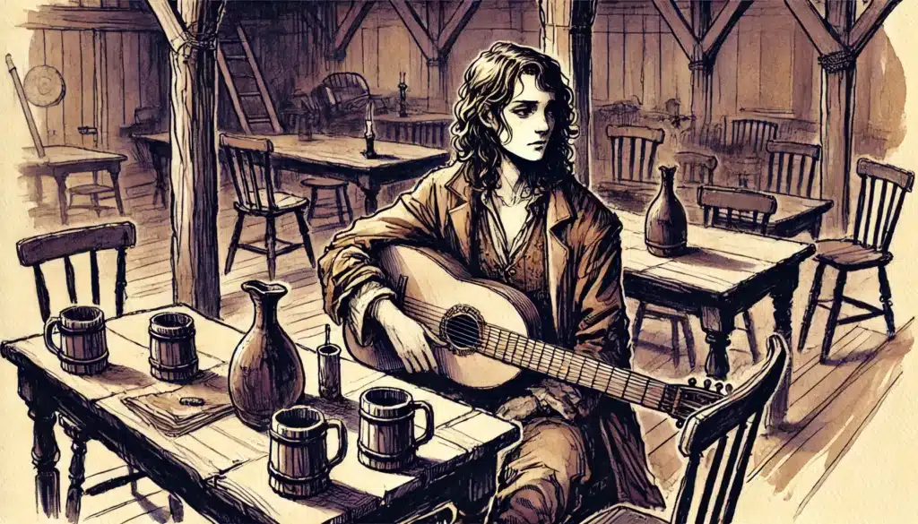 A person with long, wavy hair sits alone at a wooden table in a rustic tavern, holding a guitar—perhaps planning their next 2025 D&D campaigns or testing new homebrew bard mechanics amid empty mugs and the dim glow of wooden beams.