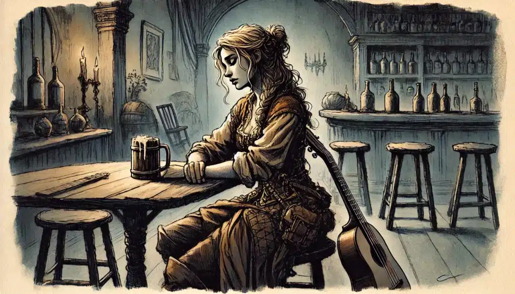 A woman in old-fashioned clothes sits alone at a wooden table in a dimly lit tavern, her mug and guitar hinting at Homebrew Bard Mechanics perfect for D&D Campaigns. The bar behind her showcases bottles on shelves and empty stools.