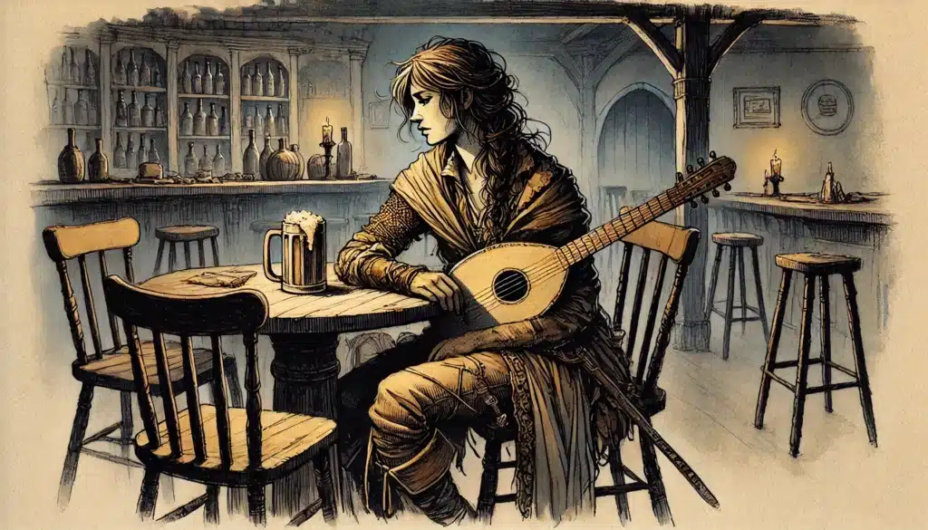 A person in medieval-style clothing sits alone at a wooden table in a rustic tavern, holding a lute. A mug of frothy beer and notes on Homebrew Bard Mechanics for D&D Campaigns rest on the table. The setting is dimly lit and cozy.