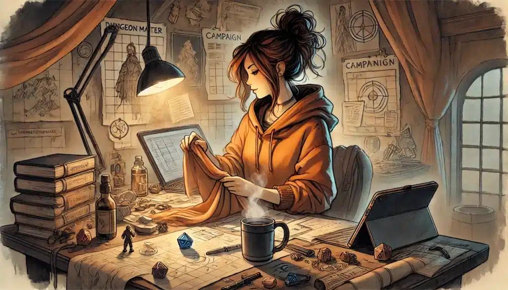 A woman in a cozy study sorts fabric on a cluttered desk with books, dice, a map, figures, and a steaming mug. Campaign charts fill the walls, hinting shes planning meaningful rewards for her fellow D&D players. Warm light fills the room.