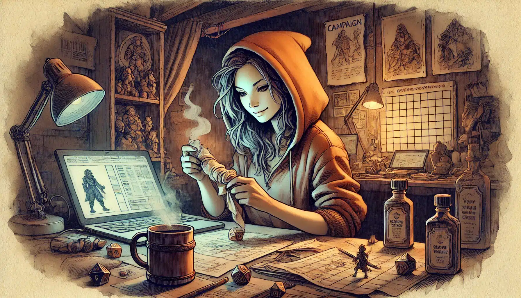 A woman in a hoodie sits at a desk with a laptop, painting a tabletop game miniature. The desk has dice, character sheets for D&D players, a mug, paints, and fantasy-themed posters on the wall behind her. The scene is warmly lit.
