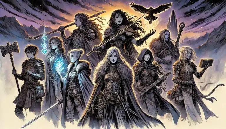 Seven armored fantasy warriors, reminiscent of D&D adventuring parties, stand together under a dramatic sky. Magical elements, a glowing sword, and a soaring raven add mystique. Mountains and ruins form the backdrop for this managing large groups scene.