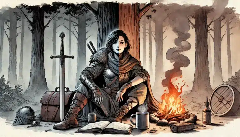 A female armored warrior sits by a campfire in a forest, surrounded by gear, a sword, a shield, a helmet, an open book, and mugs. Tall trees and smoke create a misty, medieval fantasy atmosphere.