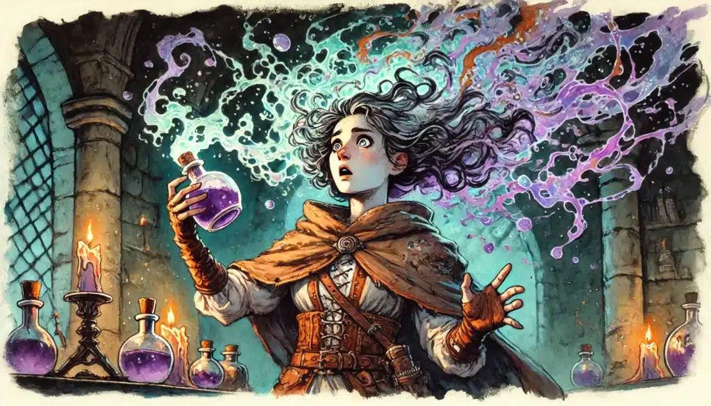 A young woman in medieval clothing holds a glowing potion bottle in a stone-walled laboratory. Magical energy swirls from the potion, causing her hair to lift in surprise. Purple vials and lit candles sit on the table nearby.
