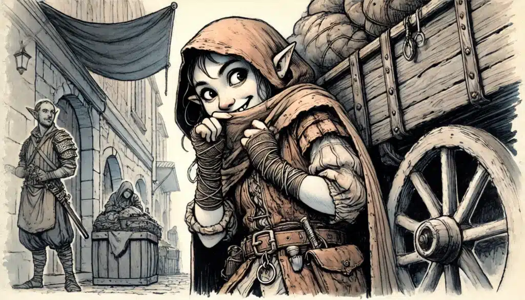 A mischievous elf in a hooded cloak grins while hiding something behind her back next to a cart in a medieval street, as two armored figures watch from the background—ready to improvise like players abandon plot in Dungeons & Dragons.