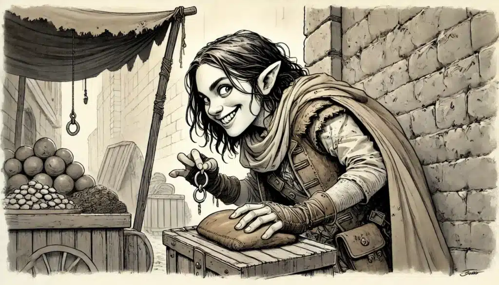 A mischievous elf with pointy ears and a sly grin stealthily steals a loaf of bread from a market stall, ready to improvise like in Dungeons & Dragons, glancing sideways while holding keys and wearing a cape.