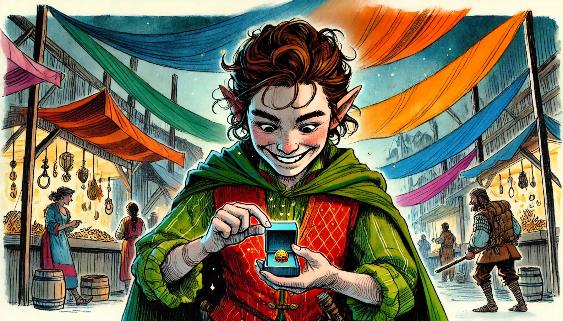 A smiling elf with pointed ears excitedly opens a glowing jewelry box, revealing a gold ring, as Dungeons & Dragons players abandon plot and improvise in a colorful outdoor marketplace bustling with medieval-style people.