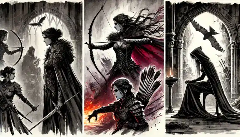 Three dark fantasy scenes: armored women with swords and bows confront each other, enemies with real goals revealed as one summons fire; a hooded figure sits alone in gothic ruins. The art is dramatic, with black, red, and gray tones.