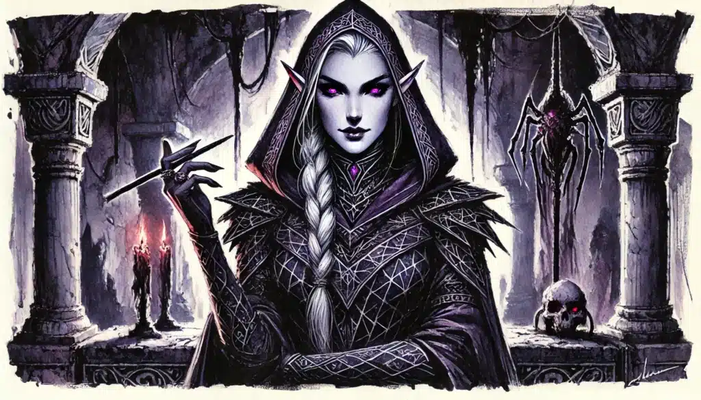 A dark elf woman with pale skin, braided white hair, and purple eyes stands in a gothic stone chamber. Perfect for DMs seeking rich villain motivations, she wears an ornate hooded robe and holds a long cigarette holder amid candles, a spider, and a skull.