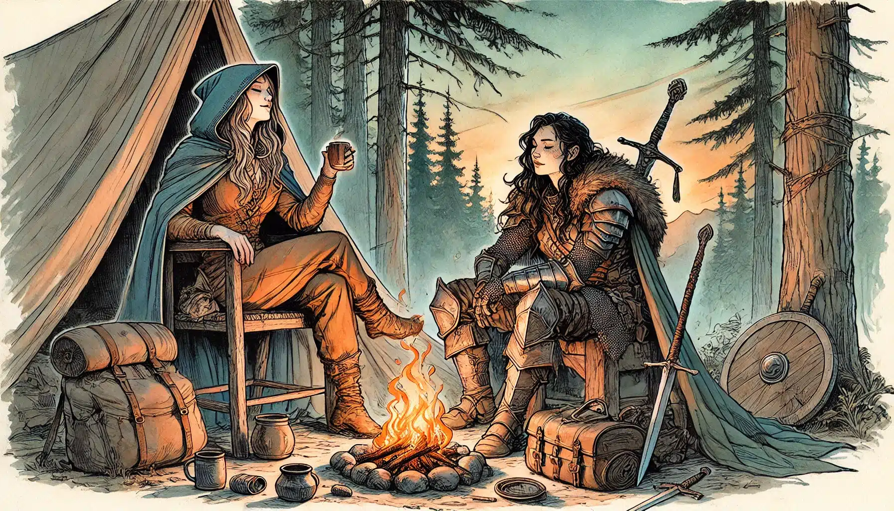 Two women in medieval-style clothing sit around a campfire in a forest. One wears a cloak and drinks from a mug, while the other, in armor, sits with a sword and shield nearby. Camping gear surrounds them at dusk.