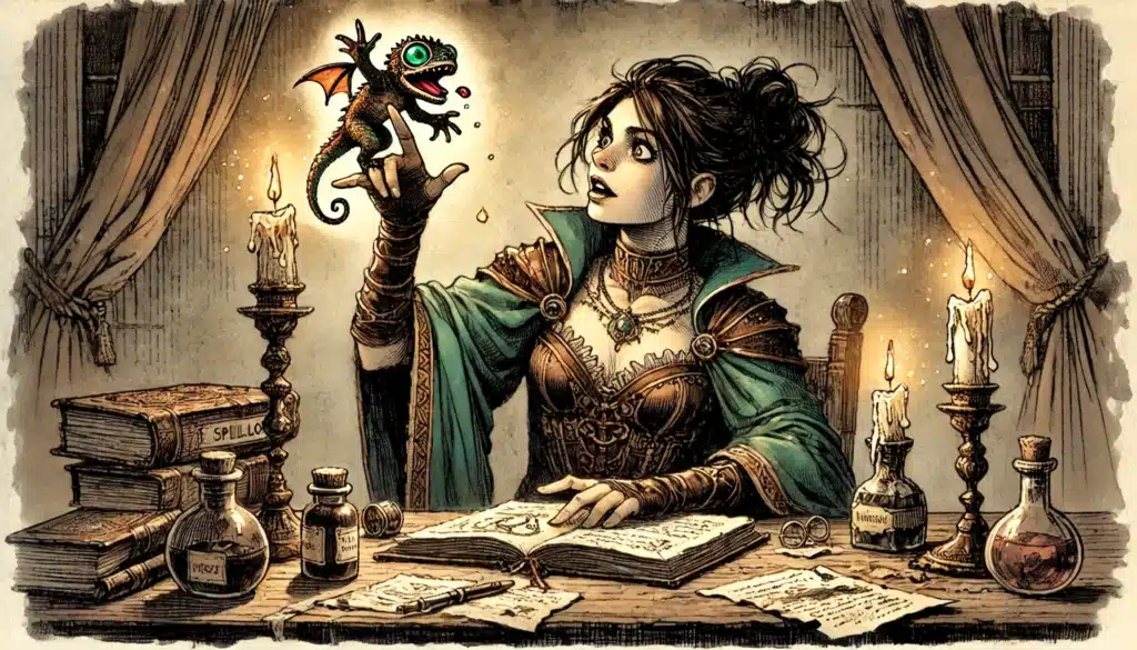 A young woman dressed in elaborate fantasy clothing sits at a candlelit desk with books and potions, looking in surprise at a small, playful dragon—her unique familiar—perched on her finger, adding depth to her character lore.