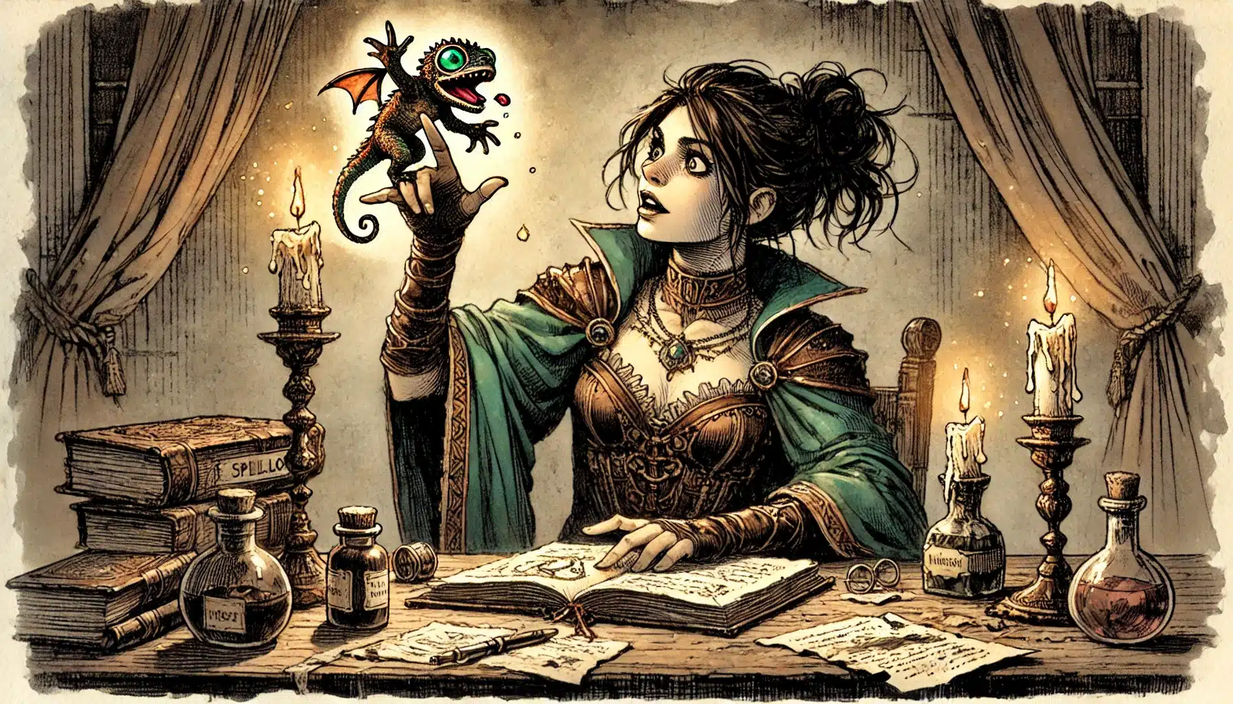 A young woman dressed in elaborate fantasy clothing sits at a candlelit desk with books and potions, looking in surprise at a small, playful dragon—her unique familiar—perched on her finger, adding depth to her character lore.