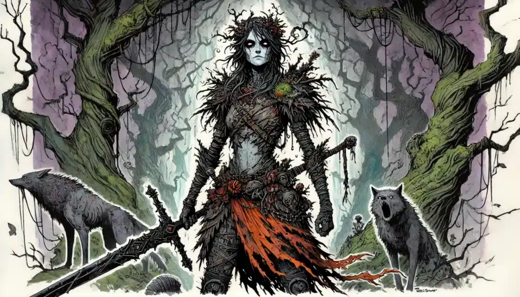 A fierce, haunting warrior in tattered armor stands in a dark, twisted forest with glowing eyes, holding a large sword. Two wolves stand at her sides, and gnarled trees surround the eerie scene.