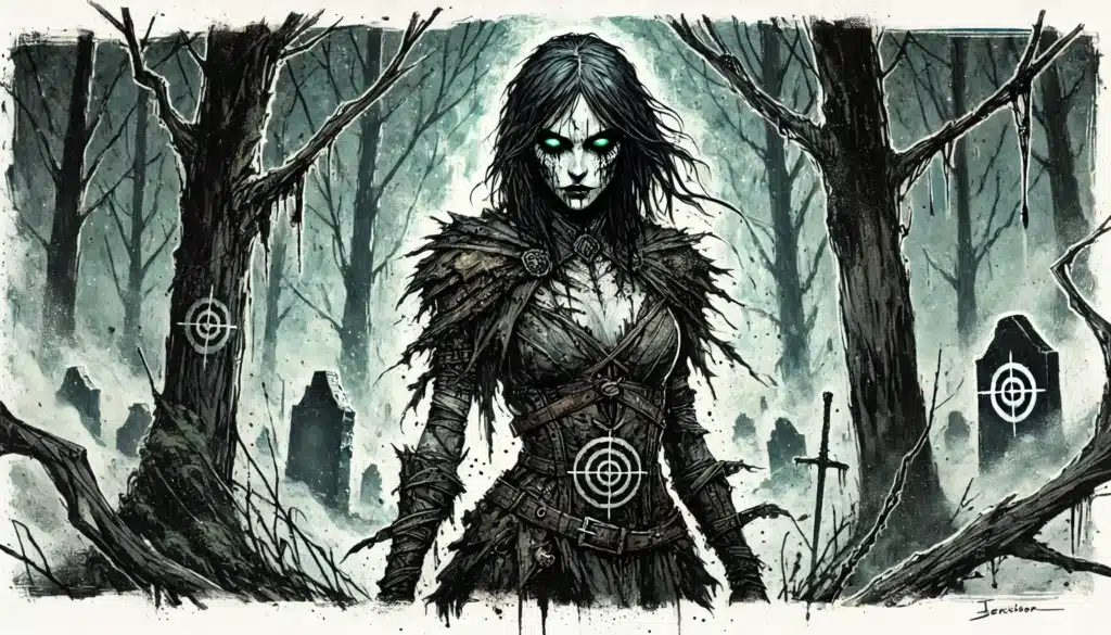 A haunting woman with glowing green eyes stands in a misty, dark forest; she wears tattered, spiked clothing and is surrounded by bare trees, gravestones, and faint targeting symbols.