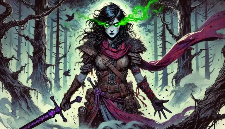 Hollow Warden Ranger A dark-haired woman in fantasy armor stands in a misty forest, holding a glowing purple sword. Green magic swirls from her eyes, and a red scarf flows in the wind. The atmosphere is eerie and mystical.