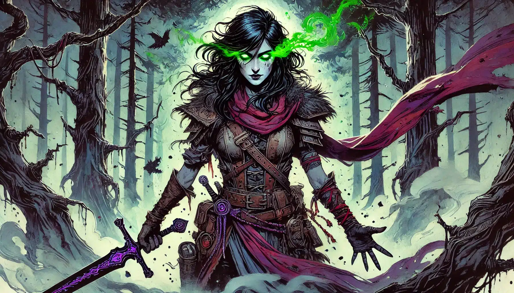 Hollow Warden Ranger A dark-haired woman in fantasy armor stands in a misty forest, holding a glowing purple sword. Green magic swirls from her eyes, and a red scarf flows in the wind. The atmosphere is eerie and mystical.