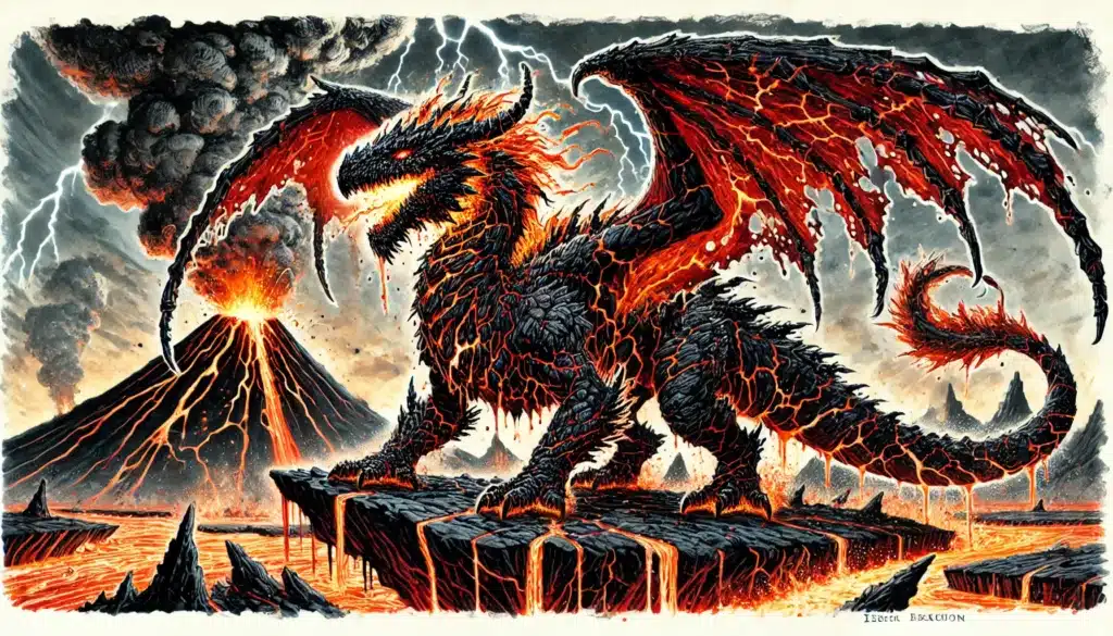 A fierce, lava-covered dragon stands on a rocky platform surrounded by flowing lava, with a volcano erupting in the background and smoke billowing into the sky. The dragons wings glow with intense fiery colors.