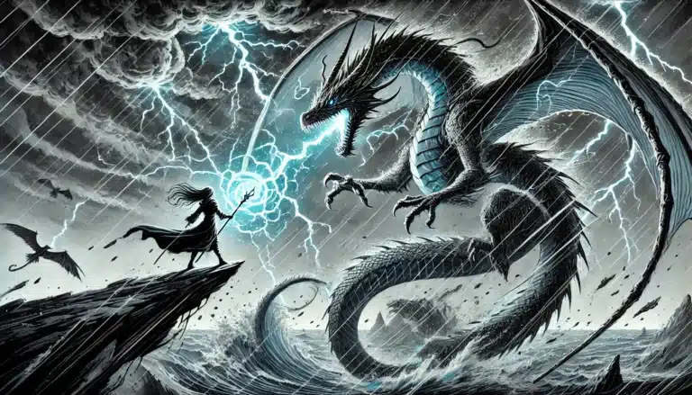 A figure in a cloak stands on a cliff, casting lightning magic toward a large dragon with outstretched wings amid a stormy sky, crashing waves, and rain, as smaller dragons fly in the background.