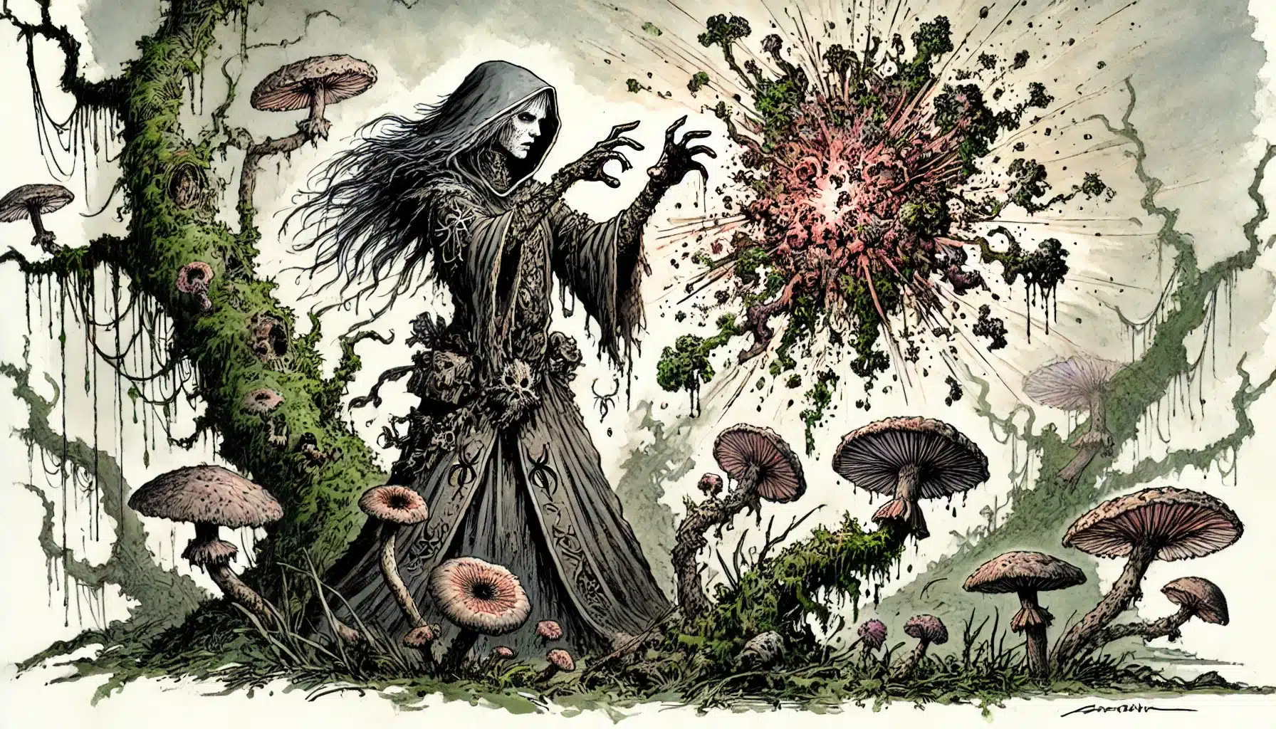 A skeletal, hooded figure in dark robes conjures a magical explosion in a surreal forest filled with large mushrooms and tangled vines. The scene is eerie and mystical, with a burst of energy at the figure’s fingertips.